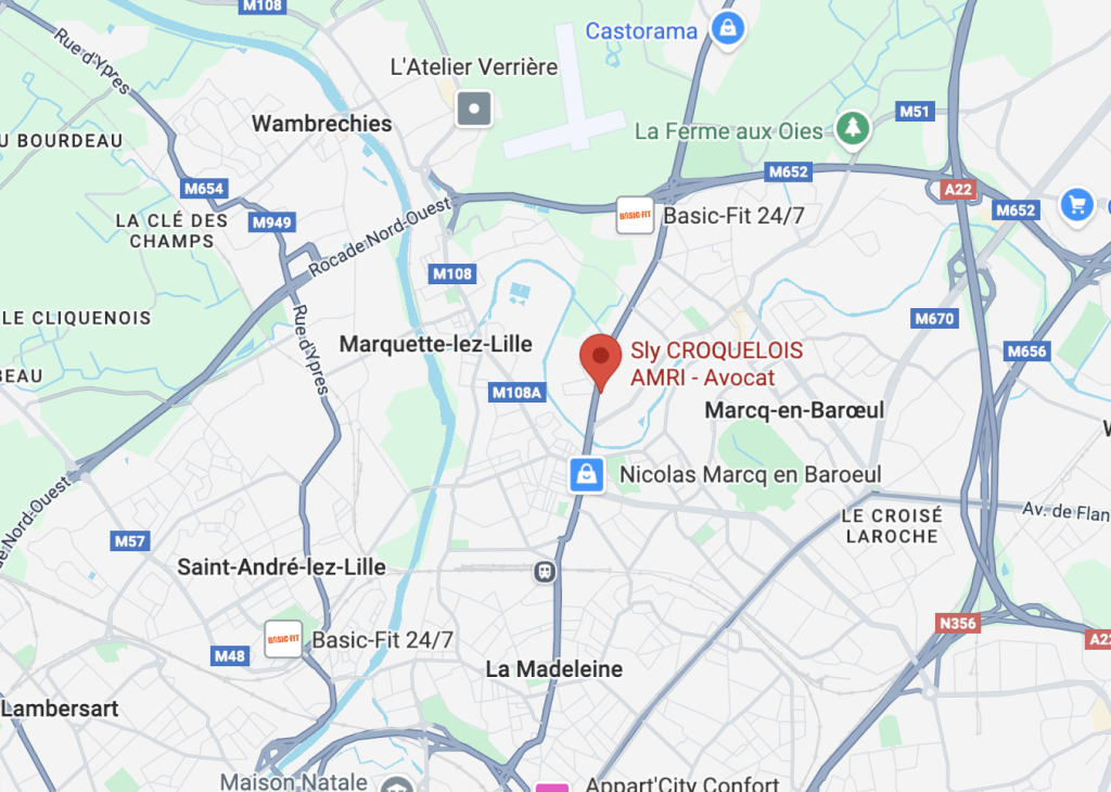 Aperçu de la map google mettant en évidence l'adresse du cabinet de Maître Sly CROQUELOIS-AMRI, avocat à Marcq-en-Baroeul